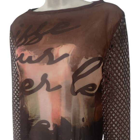 Long Net Sleeves Print Crop Top Brown M/L - Picture 7 of 7